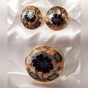 Vintage Floral Cloisonne Brooch And Clip Earring Set In Gold Tone